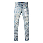 PURPLE  Men Streetwear Skinny Jeans Light Blue Wash with White Paint Brush Strokes 9063