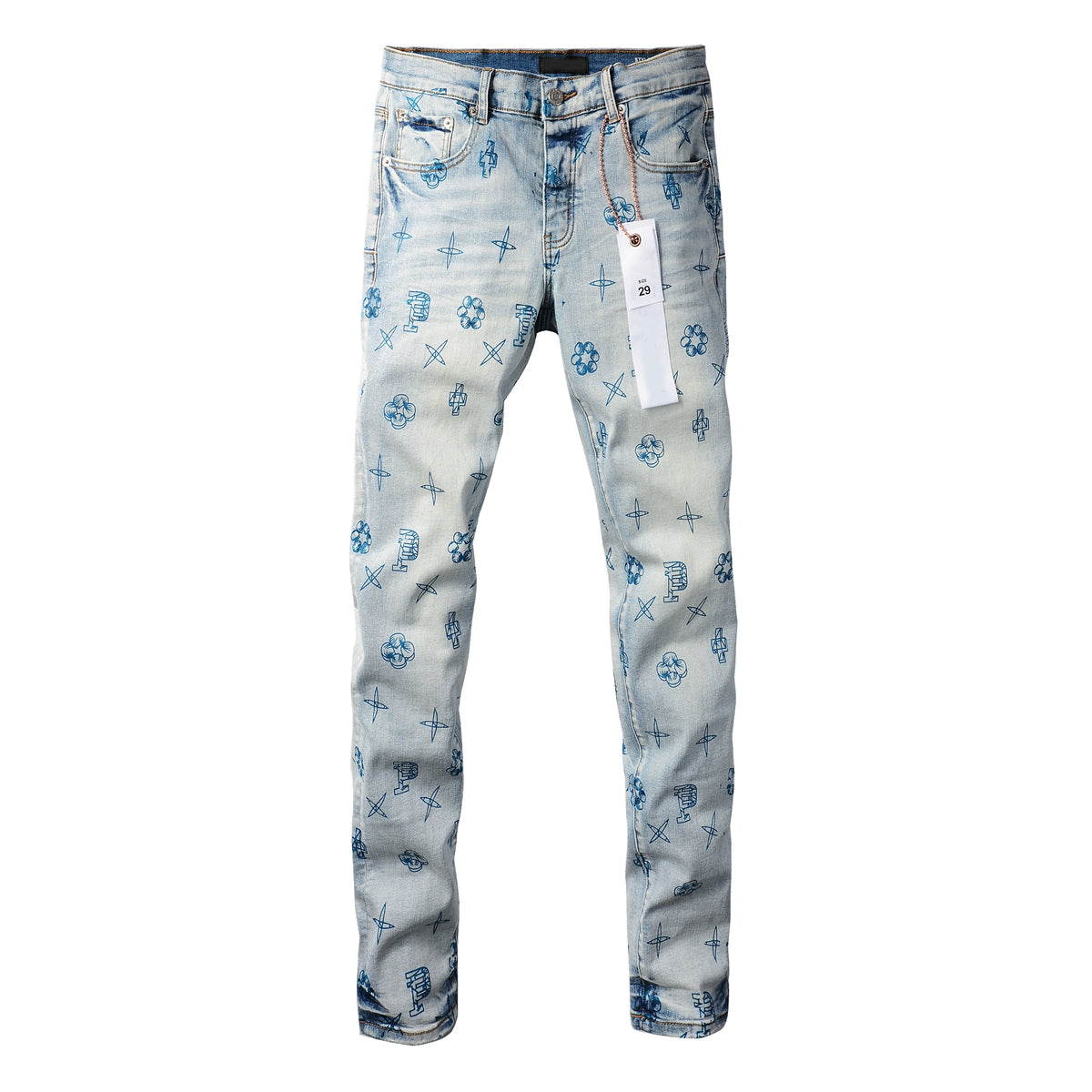 PURPLE  Men Streetwear Skinny Jeans Light Blue Wash with White Paint Brush Strokes 9063
