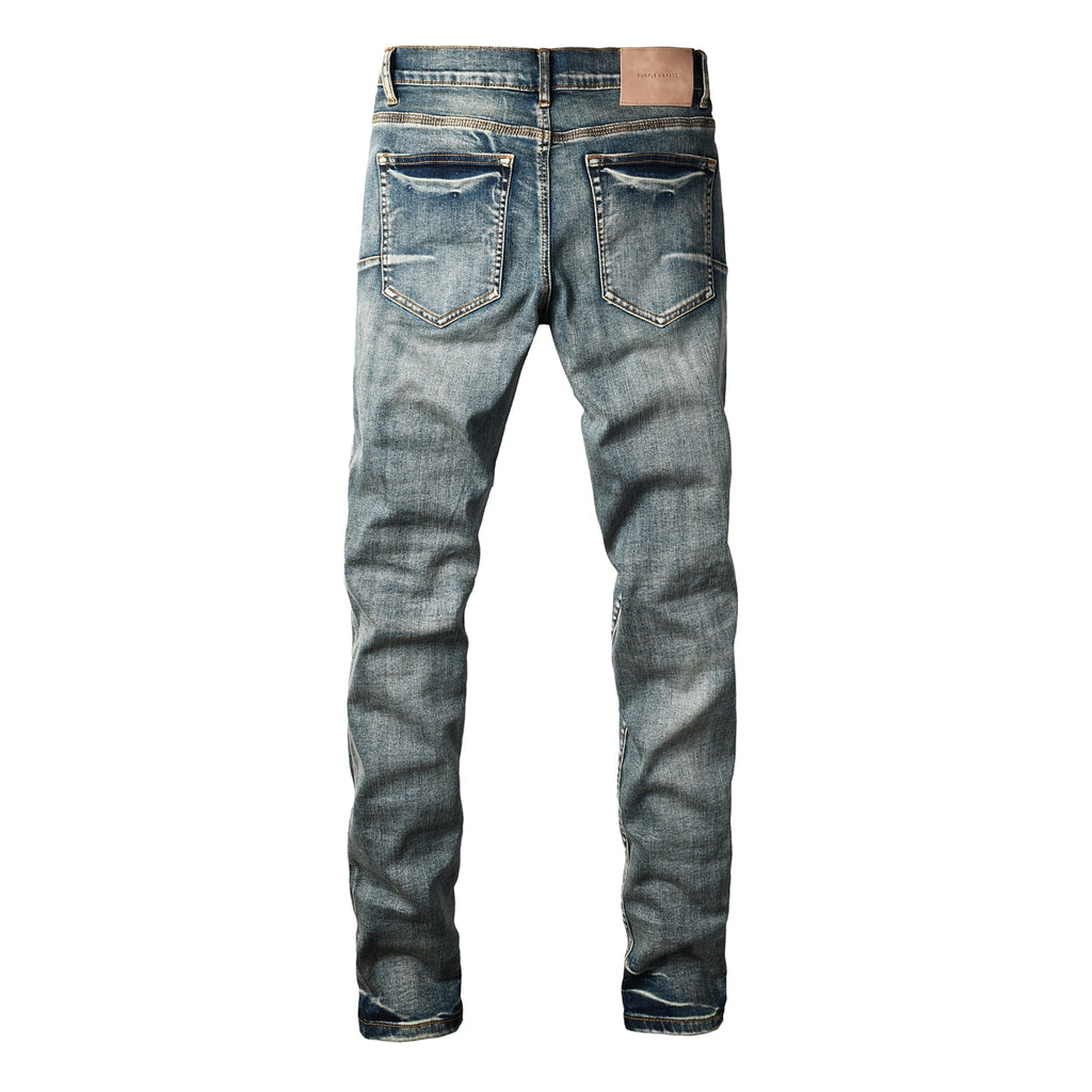 PURPLE  Men Streetwear Skinny Jeans Light Blue Wash with Red - Patched Distressed Details 9114