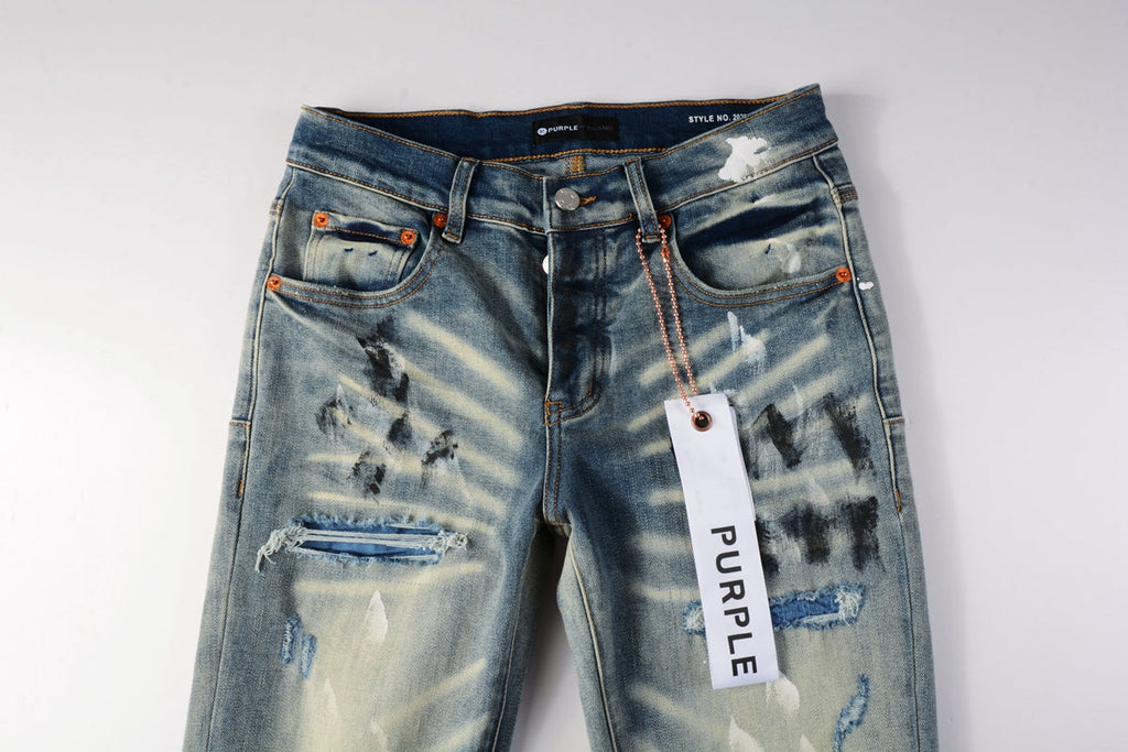 PURPLE  Men Classic Streetwear Jeans DistressedBlue Paint Slash Skinny 9037
