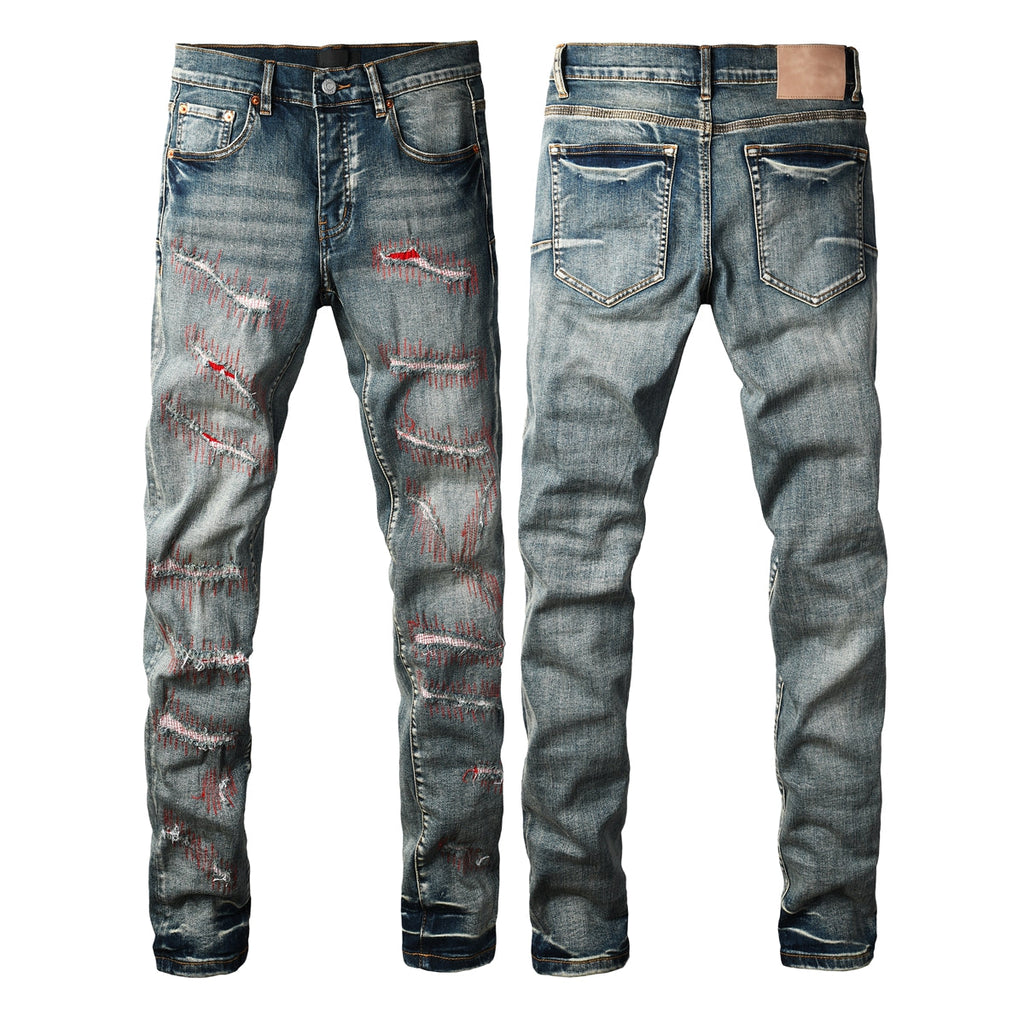 PURPLE  Men Streetwear Skinny Jeans Light Blue Wash with Red - Patched Distressed Details 9114