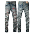 PURPLE  Men Streetwear Skinny Jeans Light Blue Wash with Red - Patched Distressed Details 9114