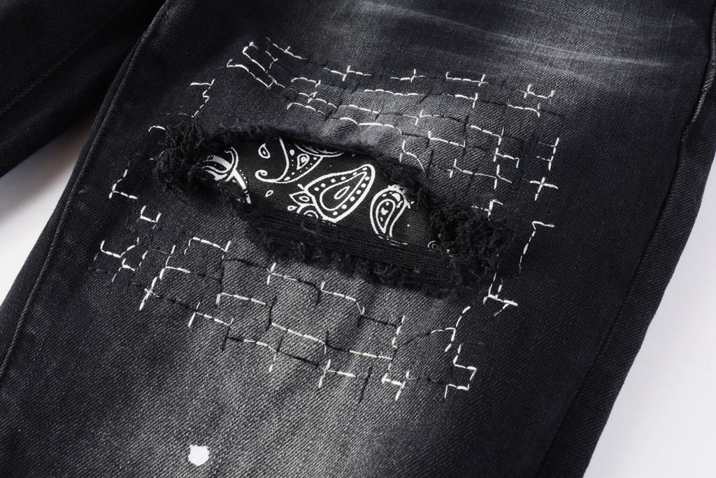 PURPLE  Men Streetwear Jeans Distressed Black Paint Splash Patch Ripped skinny 9099