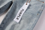 PURPLE   Men Streetwear Skinny Jeans Light Blue Wash with Knee Ripped Details and Black Lining 9010