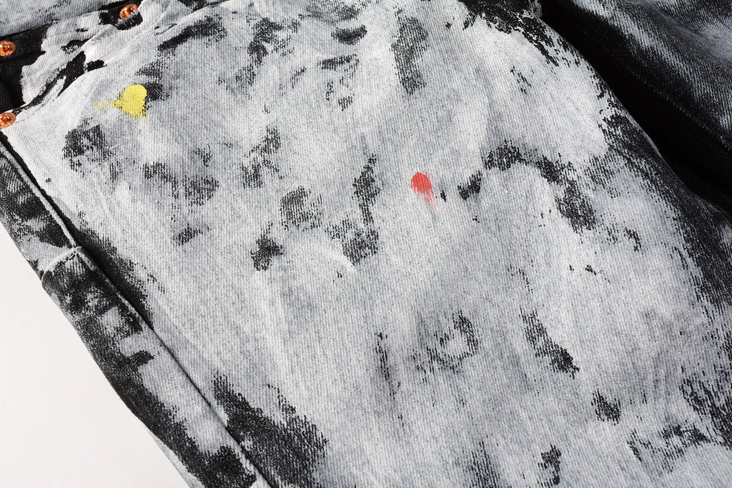 PURPLE  Men Streetwear Skinny Jeans Black and White Graffiti Wash with Multi - Color Paint Accents 9020