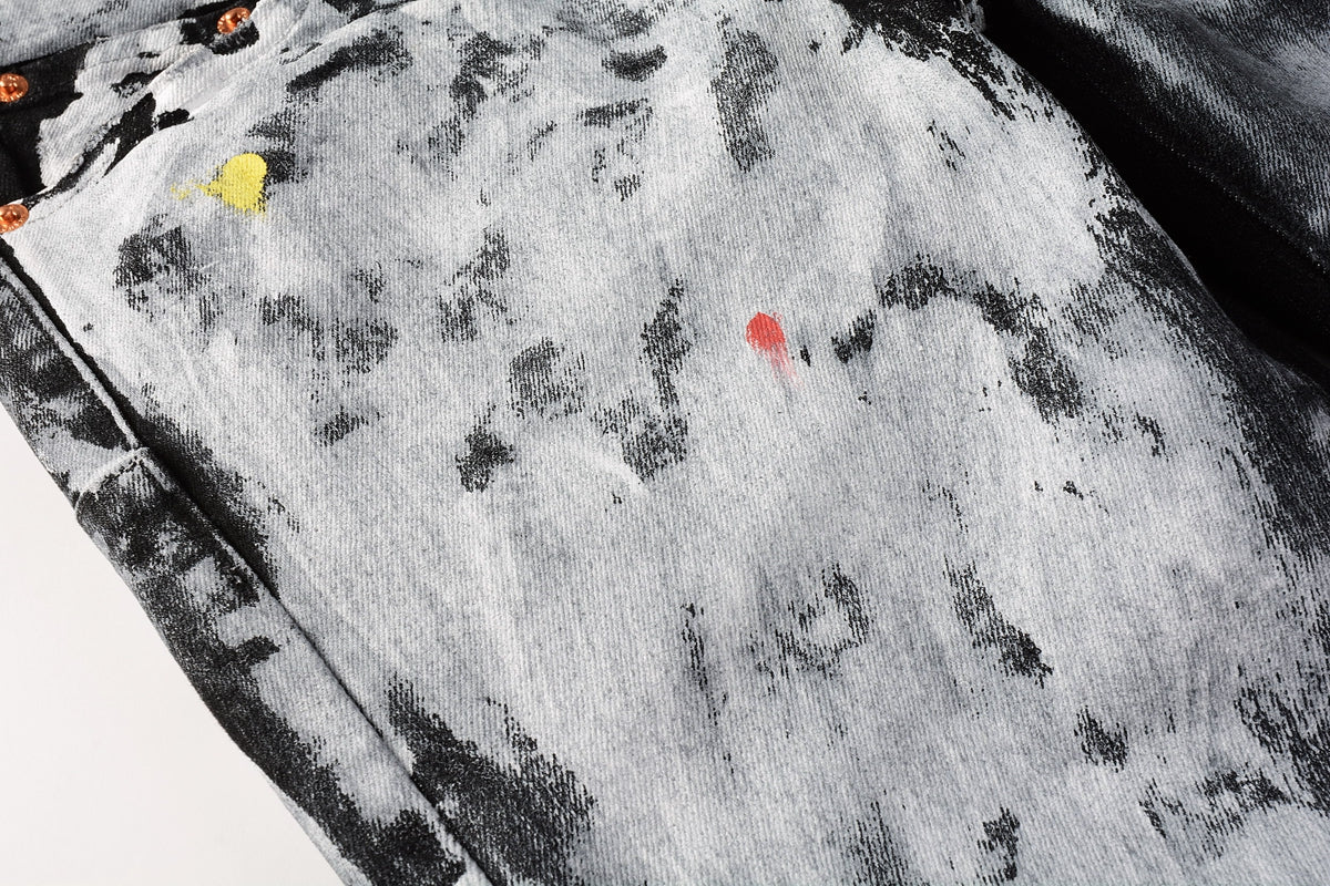 PURPLE  Men Streetwear Skinny Jeans Black and White Graffiti Wash with Multi - Color Paint Accents 9020