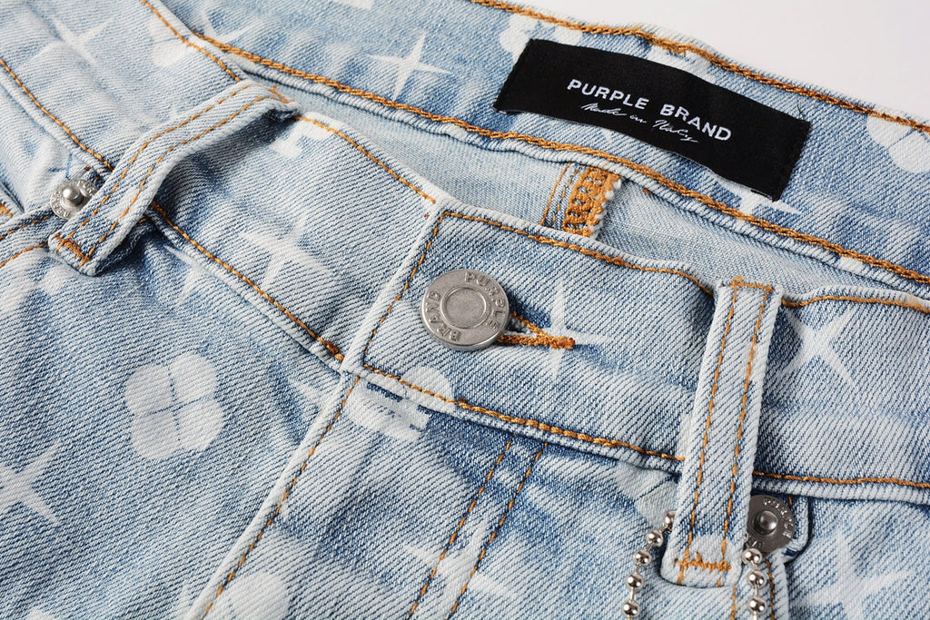 PURPLE  Men Streetwear Skinny Jeans Light Blue Wash with All - Over Pattern Print 9089