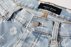 PURPLE  Men Streetwear Skinny Jeans Light Blue Wash with All - Over Pattern Print 9089