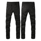 PURPLE  Men Streetwear Biker Skinny Jeans Black with Knee Pleats and Zipper Pockets 0964