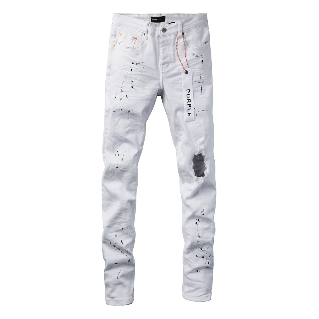 PURPLE   Men Streetwear Skinny Jeans White Wash with Black Paint Splatter and Distressed Rip 9021