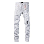 PURPLE   Men Streetwear Skinny Jeans White Wash with Black Paint Splatter and Distressed Rip 9021