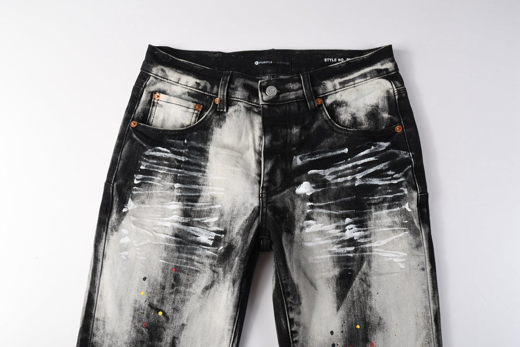 PURPLE  Men Streetwear Skinny Jeans Black and White Graffiti Wash with Multi Color Paint Splash 9111