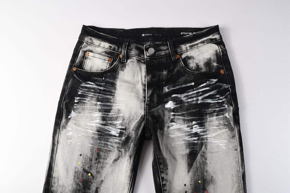 PURPLE  Men Streetwear Skinny Jeans Black and White Graffiti Wash with Multi Color Paint Splash 9111