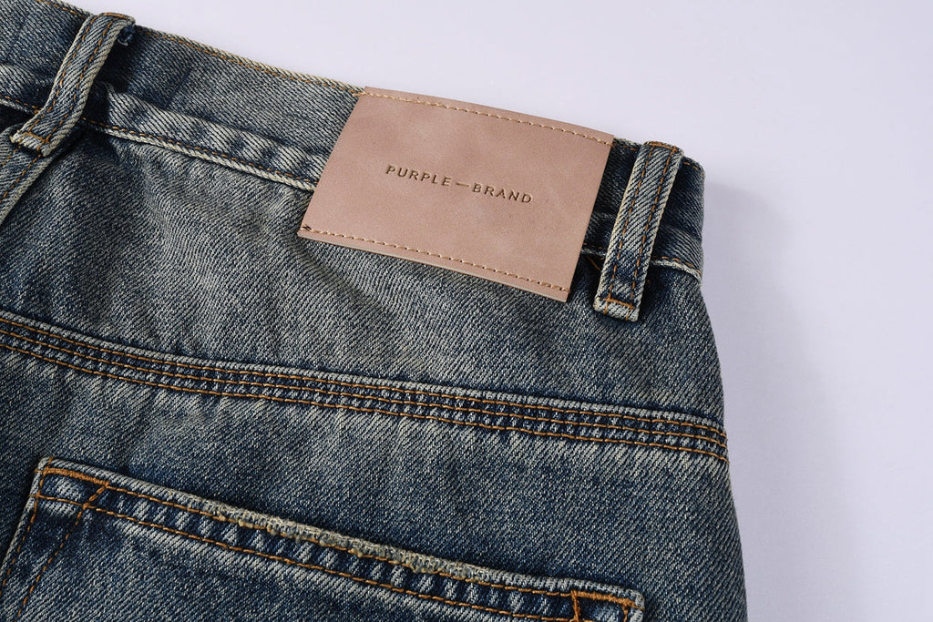 PURPLE  Men Vintage Streetwear Straight Jeans Blue Washed with Whisker Fade and Contrast Panels PU9120