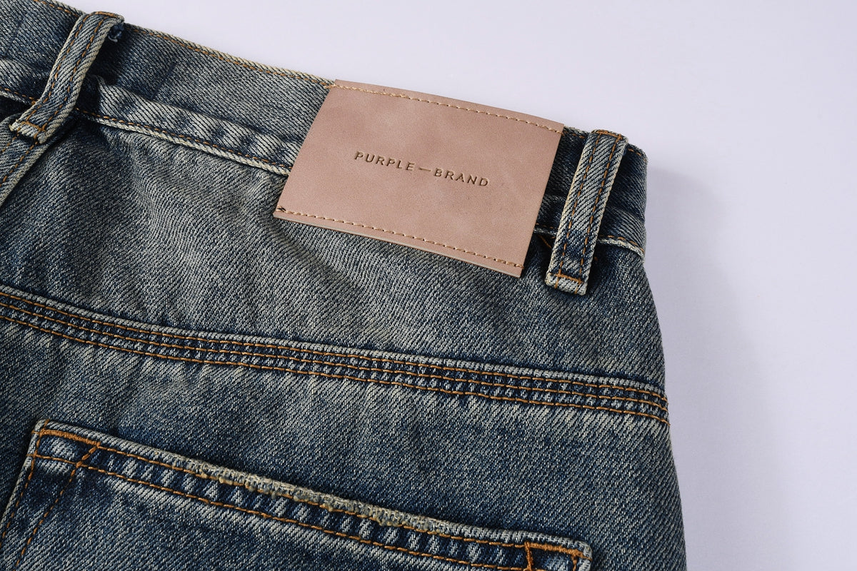 PURPLE  Men Vintage Streetwear Straight Jeans Blue Washed with Whisker Fade and Contrast Panels PU9120