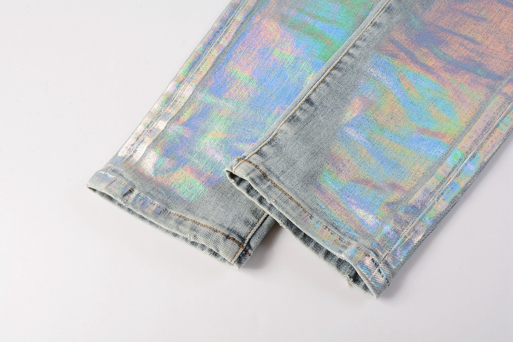 PURPLE   Men Streetwear Skinny Jeans Light Blue Wash with Holographic Iridescent Finish 9005