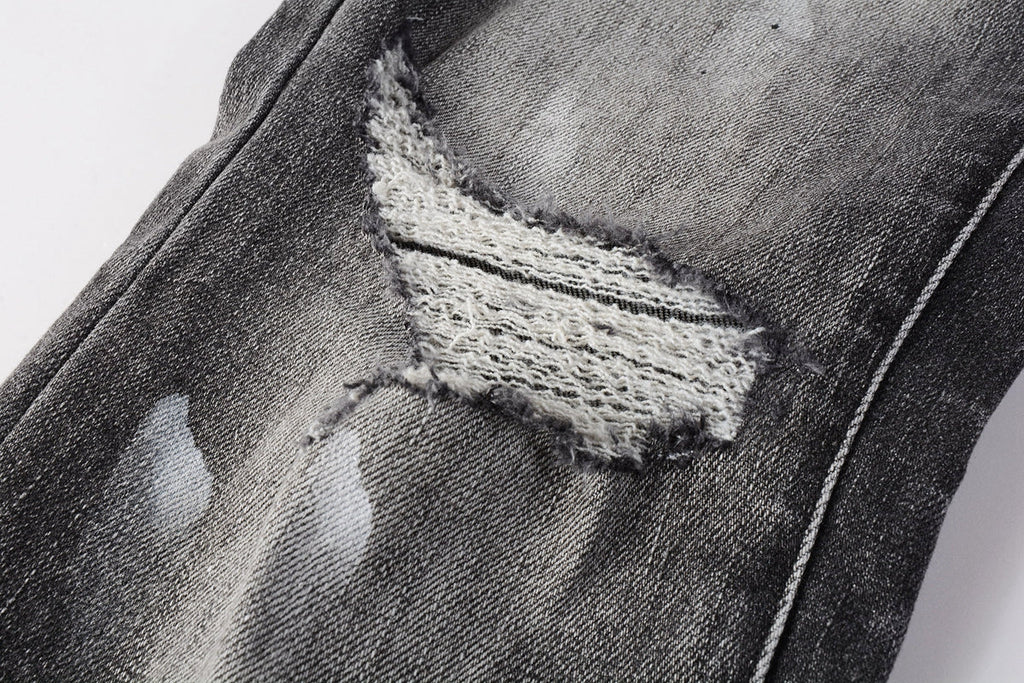 PURPLE  Men Streetwear Skinny Jeans Dark Gray Wash with White Paint Splatter and Distressed Rips 9032