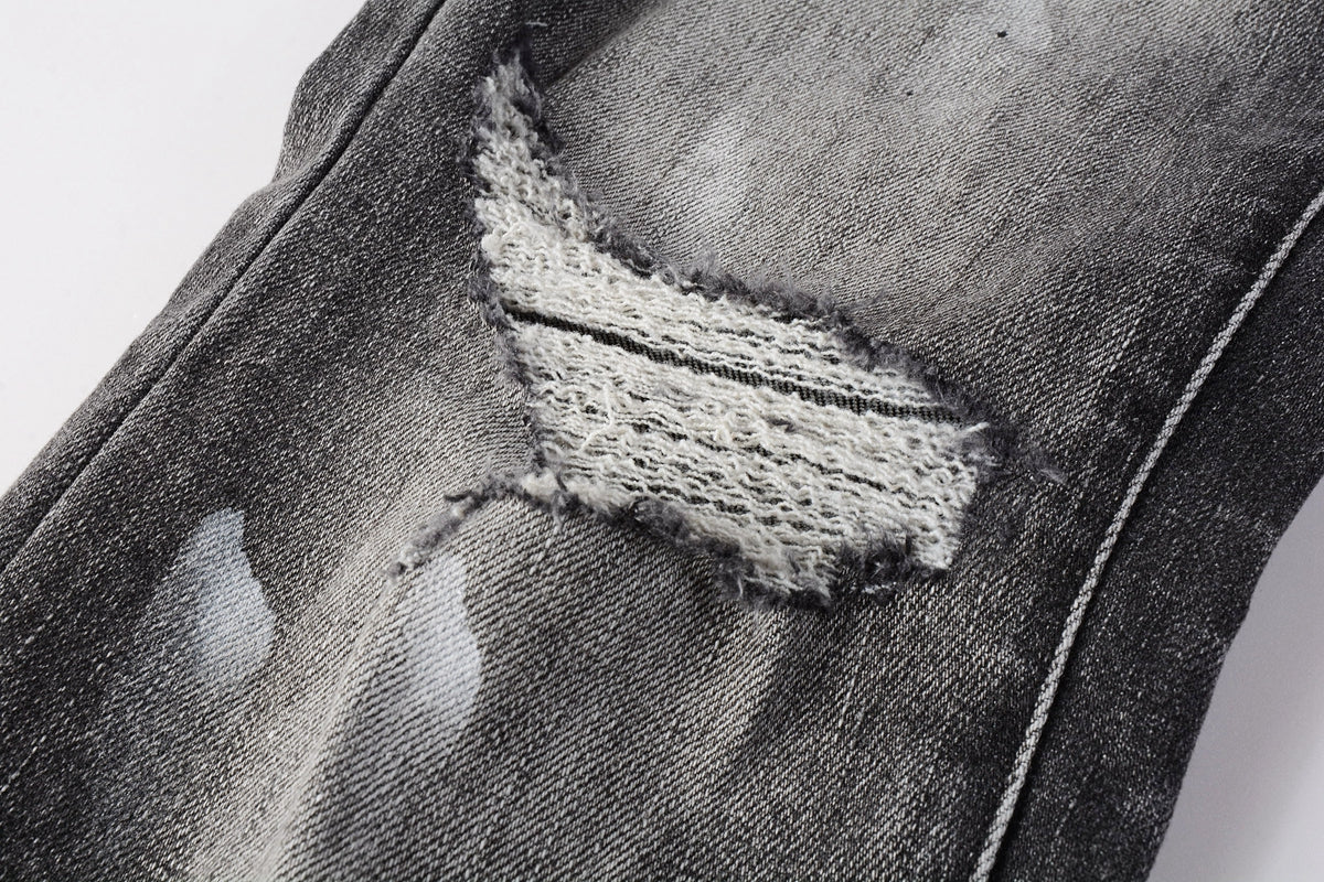 PURPLE  Men Streetwear Skinny Jeans Dark Gray Wash with White Paint Splatter and Distressed Rips 9032