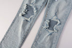 PURPLE   Men Streetwear Skinny Jeans Light Blue Wash with Knee Ripped Details and Black Lining 9010