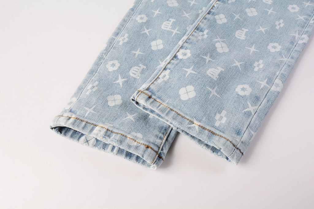 PURPLE  Men Streetwear Skinny Jeans Light Blue Wash with All - Over Pattern Print 9089