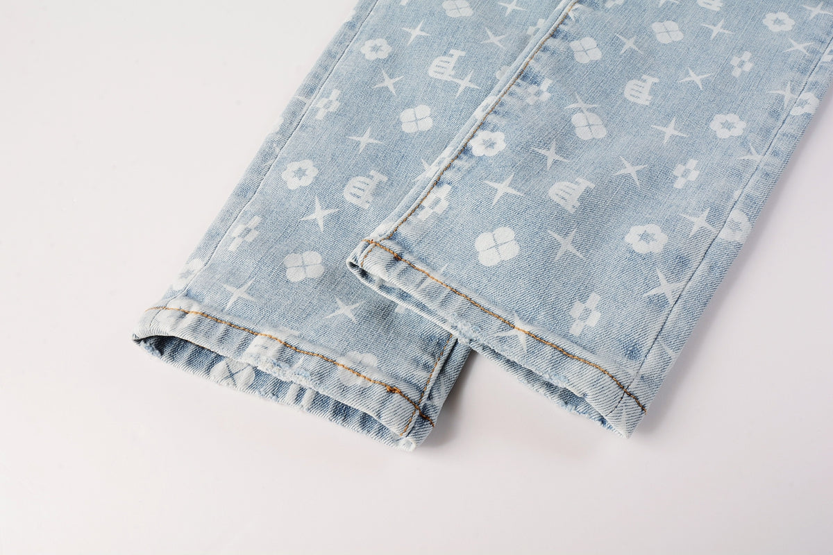 PURPLE  Men Streetwear Skinny Jeans Light Blue Wash with All - Over Pattern Print 9089