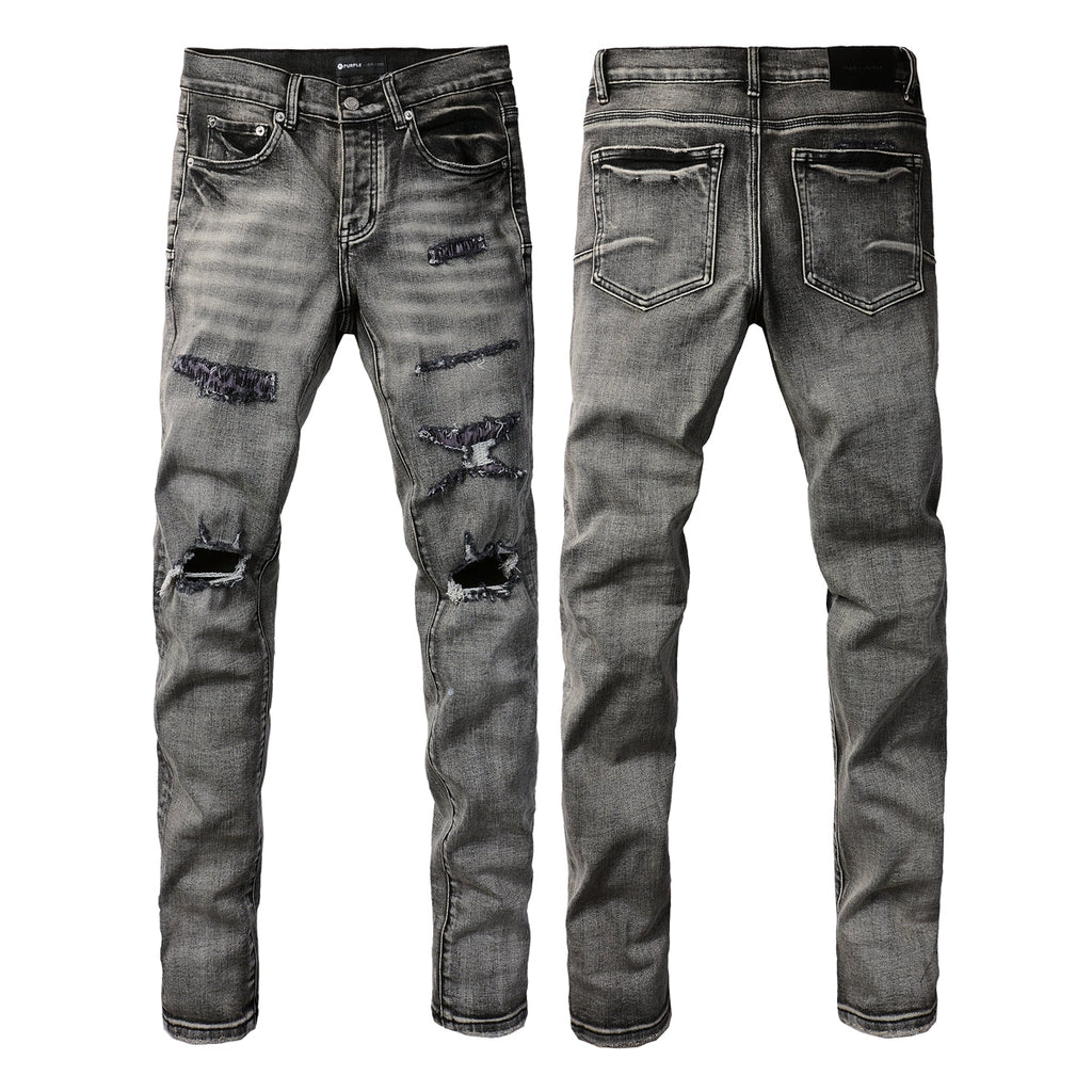 PURPLE  Men Classic Streetwear Jeans Distressed Black Grey Ripped skinny 9068