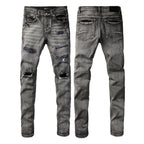 PURPLE  Men Classic Streetwear Jeans Distressed Black Grey Ripped skinny 9068