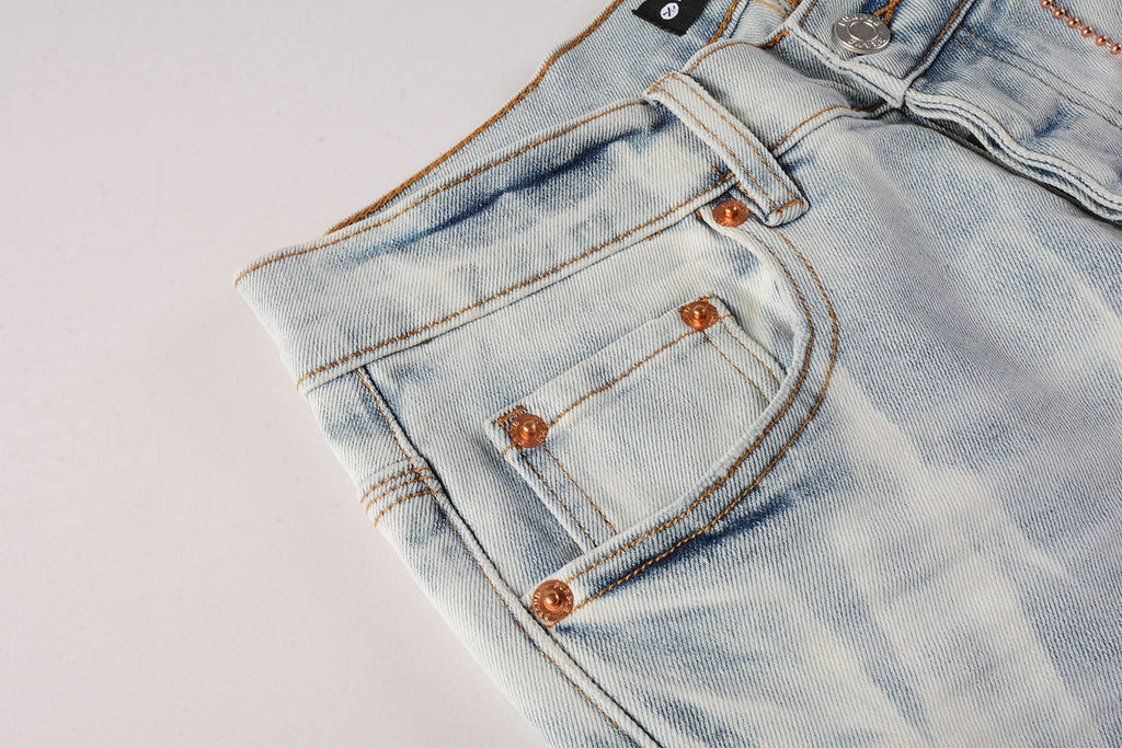 PURPLE   Men Streetwear Skinny Jeans Light Blue Wash with White Brushstroke Texture 7017