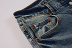 PURPLE  Men Streetwear Skinny Jeans Light Blue Wash with Patchwork Distressed Details 9015