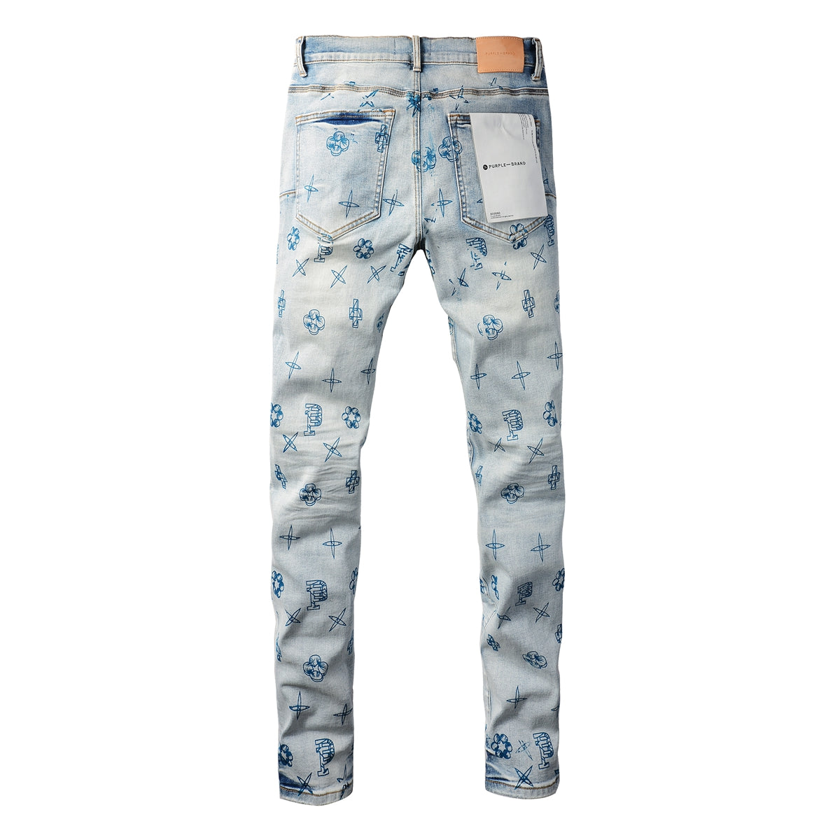 PURPLE  Men Streetwear Skinny Jeans Light Blue Wash with White Paint Brush Strokes 9063