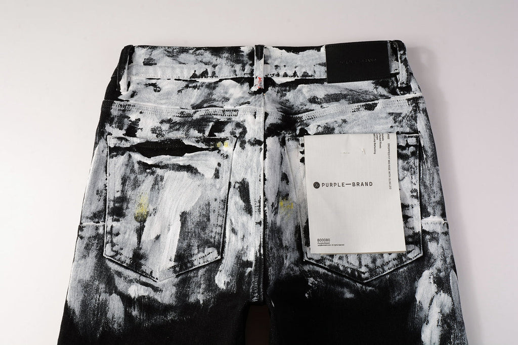 PURPLE  Men Streetwear Skinny Jeans Black and White Graffiti Wash with Multi - Color Paint Accents 9020