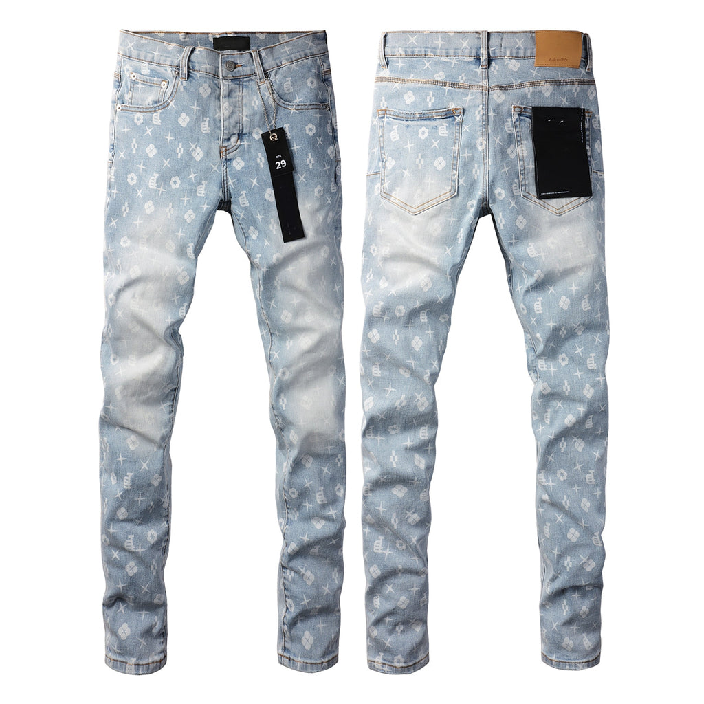 PURPLE  Men Streetwear Skinny Jeans Light Blue Wash with All - Over Pattern Print 9089