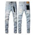 PURPLE  Men Streetwear Skinny Jeans Light Blue Wash with All - Over Pattern Print 9089