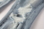 PURPLE  Men Streetwear Jeans Light Blue Ripped Graffiti Print Distressed skinny 9101