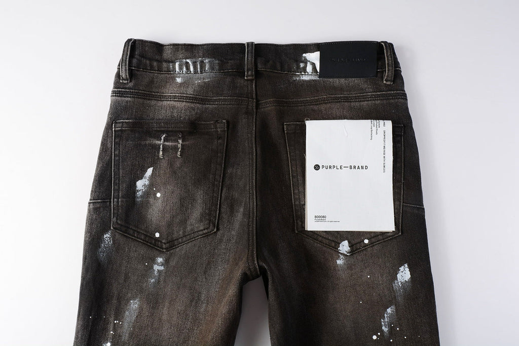 PURPLE  Men Streetwear Skinny Jeans Dark Gray Wash with White Paint Splatter and Distressed Rips 9030