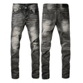 PURPLE  Men Classic Streetwear Jeans Distressed Grey Ripped skinny Fit 9103