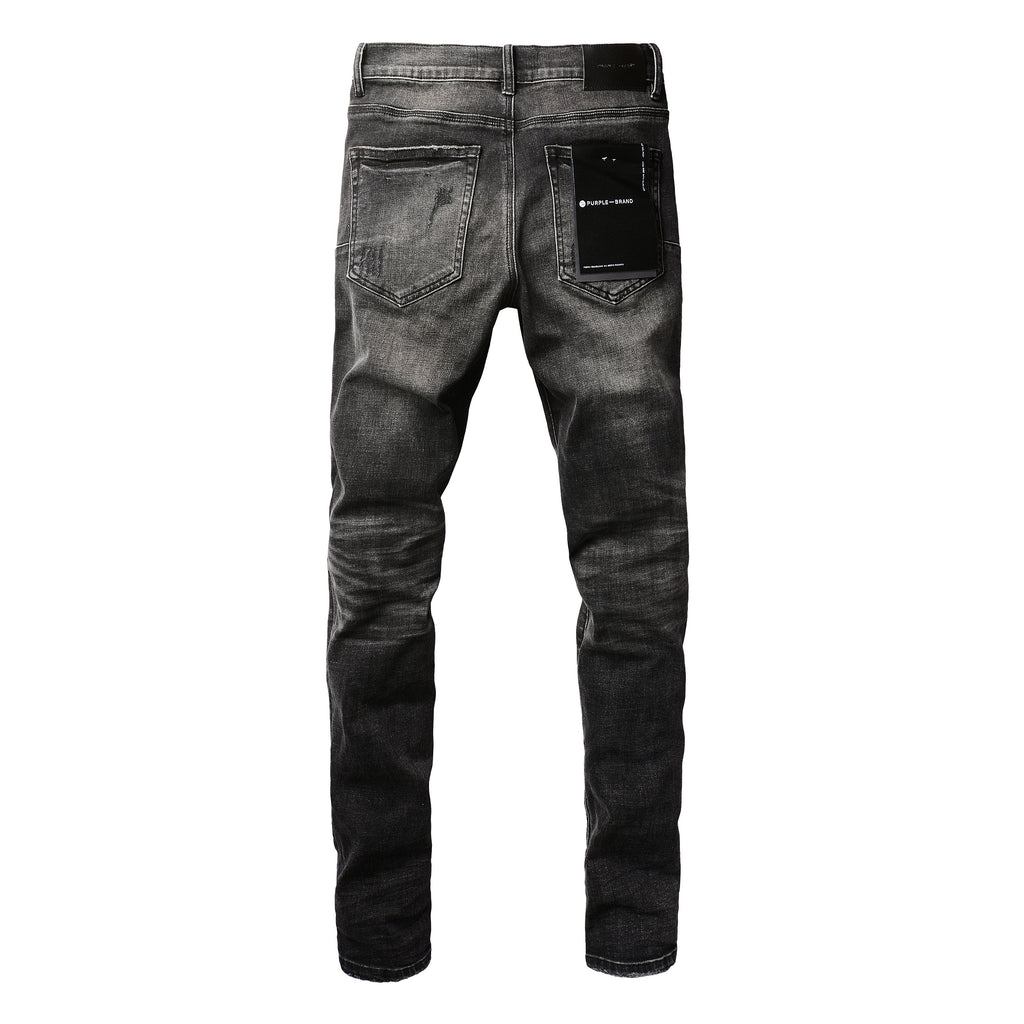 PURPLE  Men Streetwear Skinny Jeans Dark Gray Wash with Heavy Distressed Ripped Details 9079