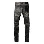 PURPLE  Men Streetwear Skinny Jeans Dark Gray Wash with Heavy Distressed Ripped Details 9079