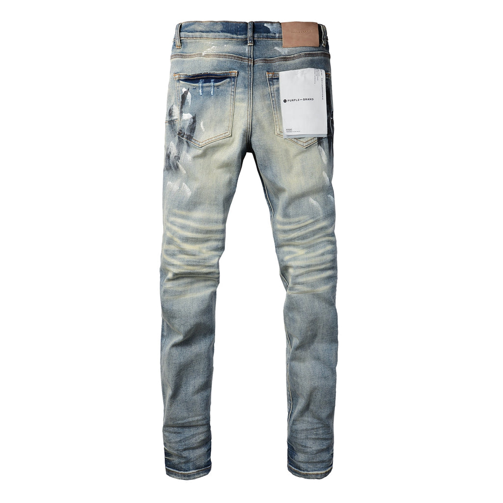 PURPLE  Men Classic Streetwear Jeans DistressedBlue Paint Slash Skinny 9037