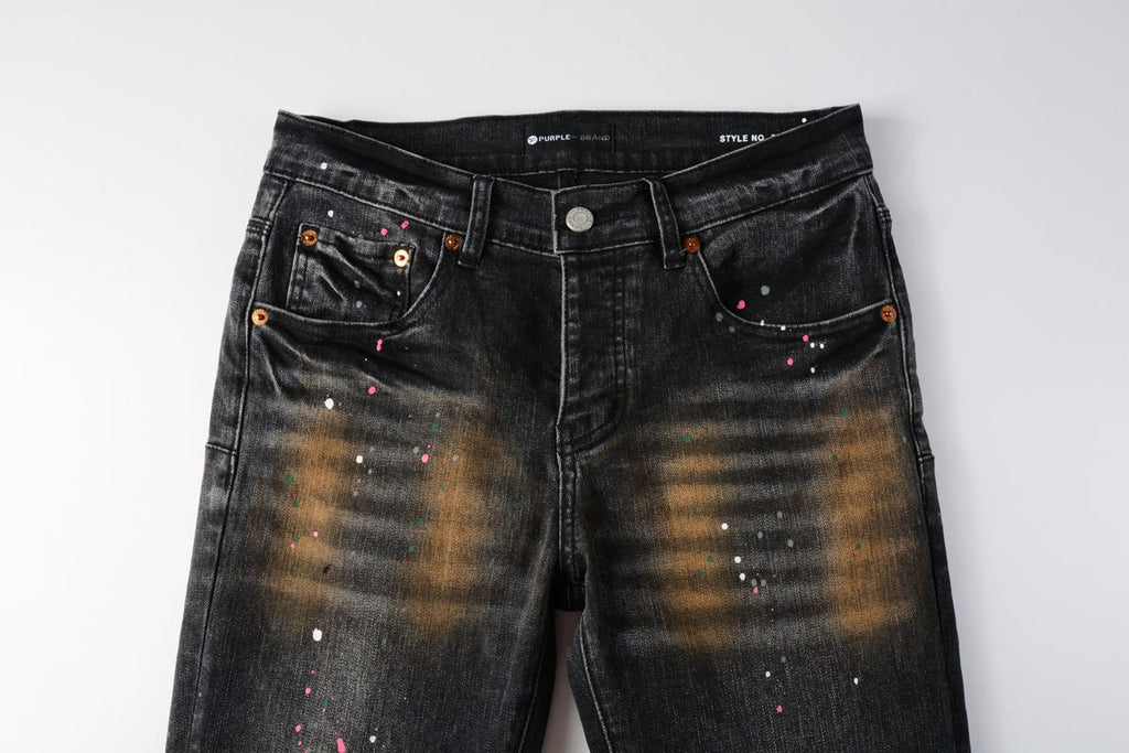 PURPLE  Men’s Black Skinny Jeans with Rust-Toned Wash and Multicolor Paint Splatter Artistic Distressed Street 9109