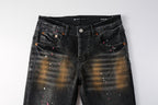 PURPLE  Men’s Black Skinny Jeans with Rust-Toned Wash and Multicolor Paint Splatter Artistic Distressed Street 9109