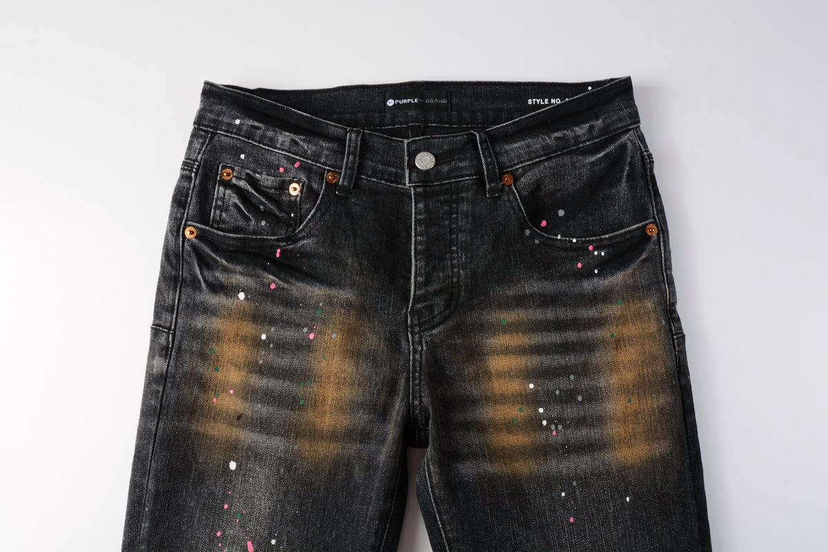 PURPLE  Men’s Black Skinny Jeans with Rust-Toned Wash and Multicolor Paint Splatter Artistic Distressed Street 9109
