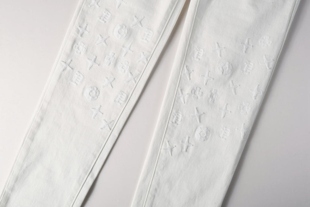 PURPLE  Men Designer Streetwear Skinny Jeans Solid White with 3D Embossed Monogram Pattern 9113