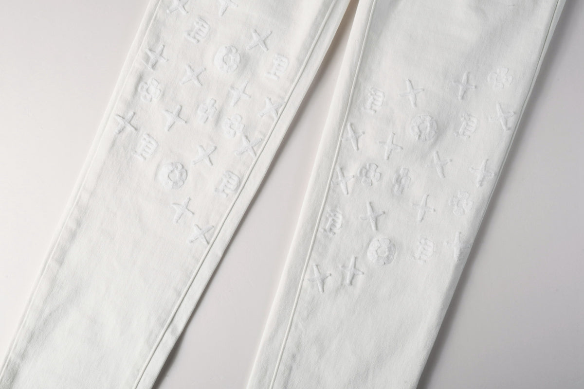 PURPLE  Men Designer Streetwear Skinny Jeans Solid White with 3D Embossed Monogram Pattern 9113