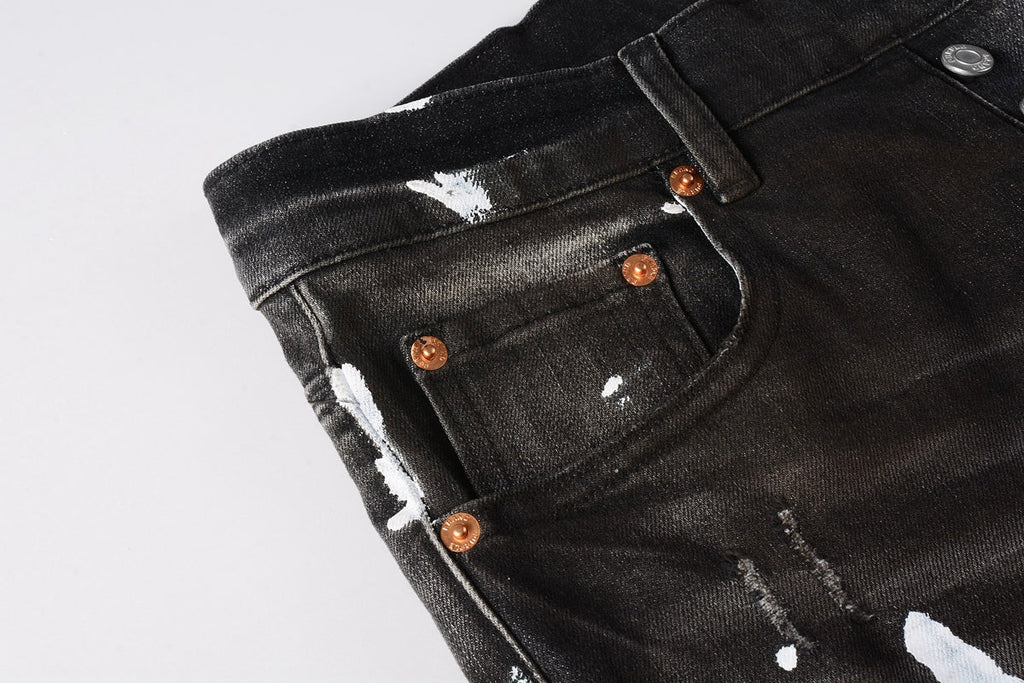 PURPLE  Men Streetwear Skinny Jeans Dark Gray Wash with White Paint Splatter and Distressed Rips 9030