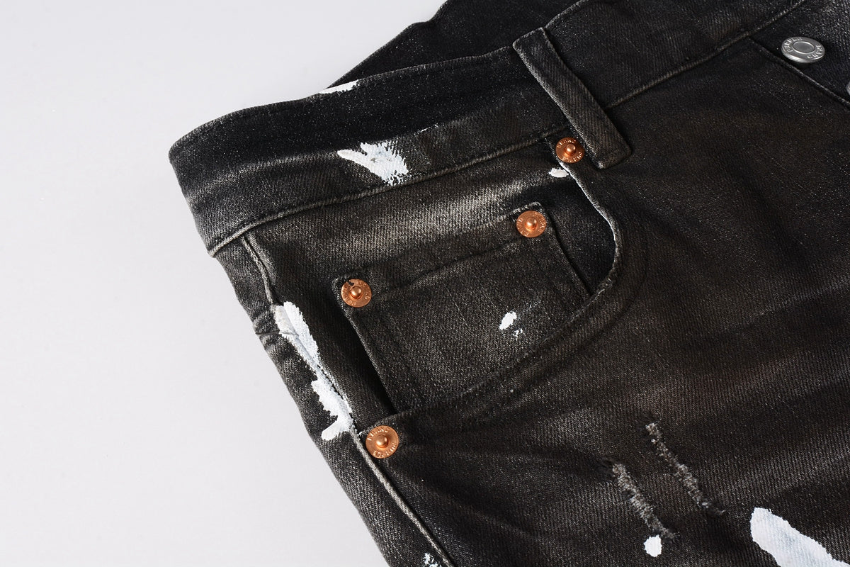 PURPLE  Men Streetwear Skinny Jeans Dark Gray Wash with White Paint Splatter and Distressed Rips 9030