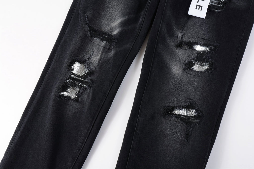 PURPLE  Men Streetwear Skinny Jeans Black Wash with Distressed Rips, Checkered Patches and White Paint Splatter 9001