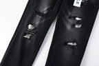 PURPLE  Men Streetwear Skinny Jeans Black Wash with Distressed Rips, Checkered Patches and White Paint Splatter 9001