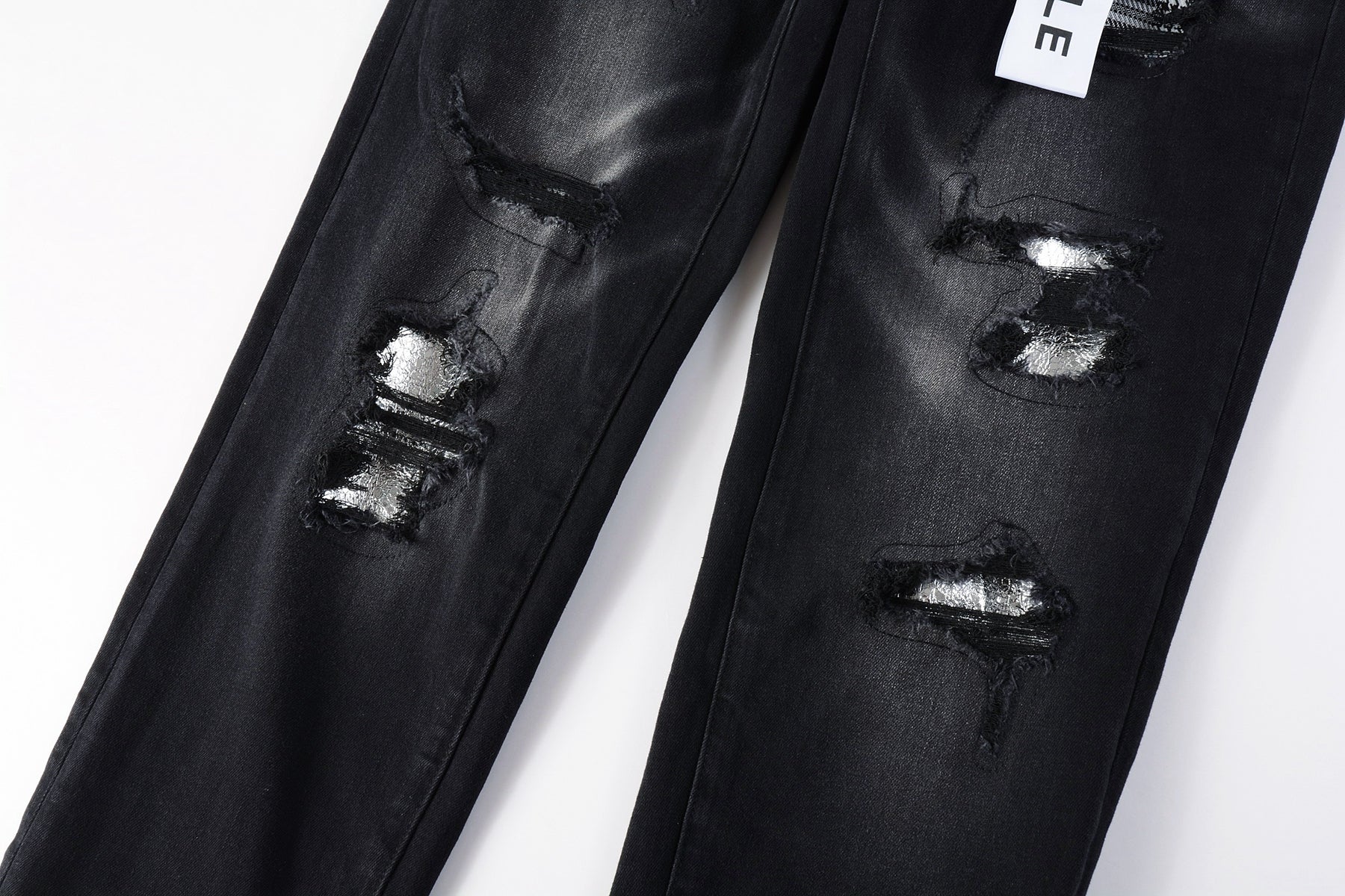 PURPLE  Men Streetwear Skinny Jeans Black Wash with Distressed Rips, Checkered Patches and White Paint Splatter 9001