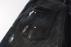 PURPLE  Men Streetwear Skinny Jeans Dark Gray Wash with White Paint Splatter and Brush Strokes 9036
